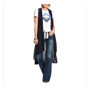 ARIAT Womens Navy‎ Blue Crochet Knit Maxi Sweater Vest Cardigan M M Duster Boho